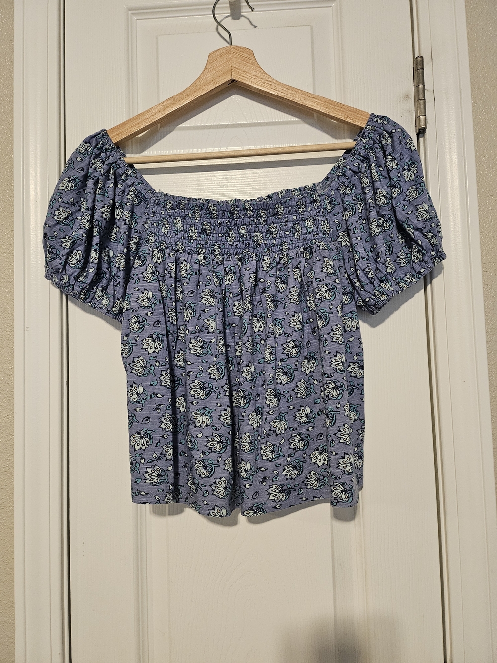 Lucky Brand Lavender Blue Floral Off-Shoulder Smocked Top